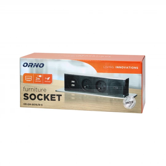 Gniazdo meblowe wysuwane z blatu z płaskim frezowanym rantem, ładowarką USB i przewodem 2m,  2x2P+Z, 2 x USB (Typ A), HDMI, 3x1,5mm2, czarno-srebrne, 