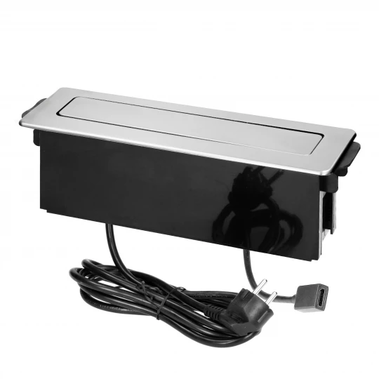 Gniazdo meblowe wysuwane z blatu z płaskim frezowanym rantem, ładowarką USB i przewodem 2m,  2x2P+Z, 2 x USB (Typ A), HDMI, 3x1,5mm2, czarno-srebrne, 