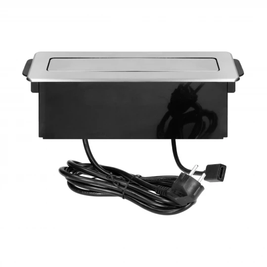 Gniazdo meblowe wysuwane z blatu z płaskim frezowanym rantem, ładowarką USB i przewodem 2m,  2x2P+Z, 2 x USB (Typ A), HDMI, 3x1,5mm2, czarno-srebrne, 