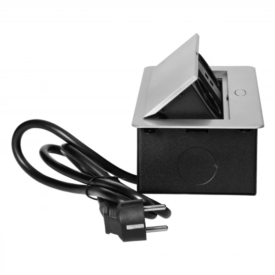 Gniazda meblowe wpuszczane w blat z płaskim frezowanym rantem, ładowarką USB i przewodem 1,5m, 2x2P+Z (Schuko), 2xUSB, srebrne