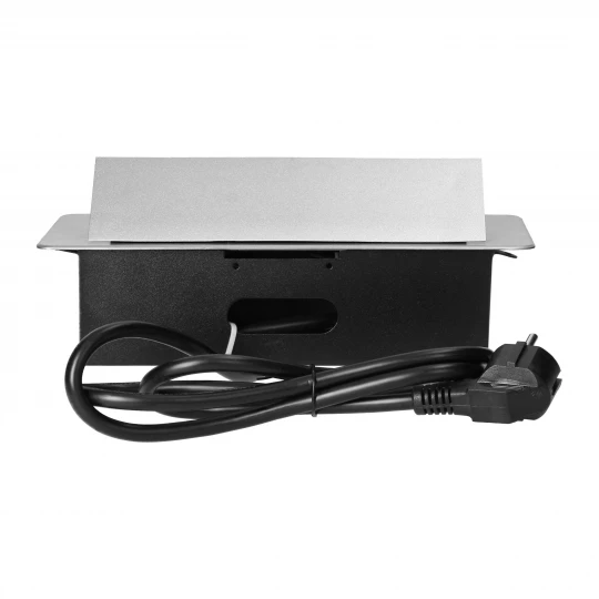 Gniazda meblowe wpuszczane w blat z płaskim frezowanym rantem, ładowarką USB i przewodem 1,5m, 2x2P+Z (Schuko), 2xUSB, srebrne