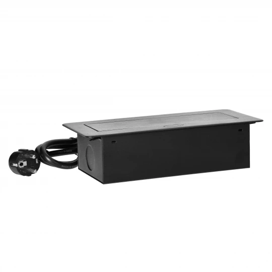 Gniazda meblowe wpuszczane w blat z płaskim frezowanym rantem, ładowarką USB i przewodem 1,5m, 2x2P+Z (Schuko), 2xUSB, czarne