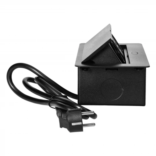 Gniazda meblowe wpuszczane w blat z płaskim frezowanym rantem, ładowarką USB i przewodem 1,5m, 2x2P+Z (Schuko), 2xUSB, czarne