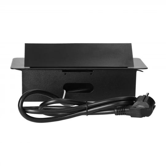 Gniazda meblowe wpuszczane w blat z płaskim frezowanym rantem, ładowarką USB i przewodem 1,5m, 2x2P+Z (Schuko), 2xUSB, czarne