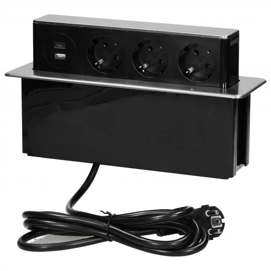 Gniazdo meblowe wysuwane z blatu z płaskim frezowanym rantem, ładowarką USB i przewodem 2m, 3x2P+Z (Schuko),,OR-GM-9014(GS)/B-G