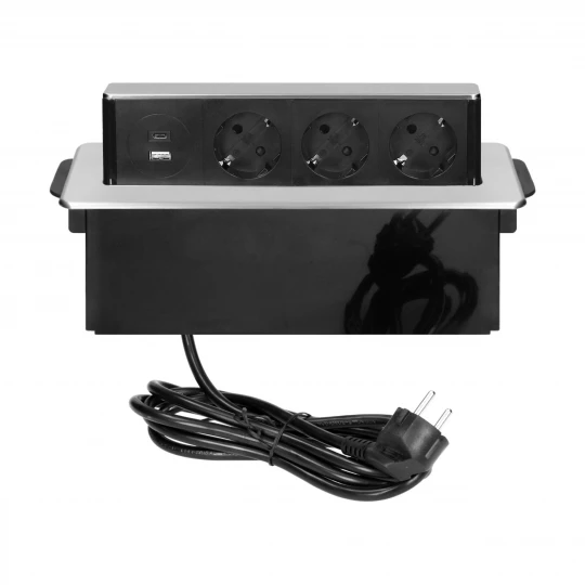 Gniazdo meblowe wysuwane z blatu z płaskim frezowanym rantem, ładowarką USB i przewodem 2m, 3x2P+Z (Schuko),,OR-GM-9014(GS)/B-G