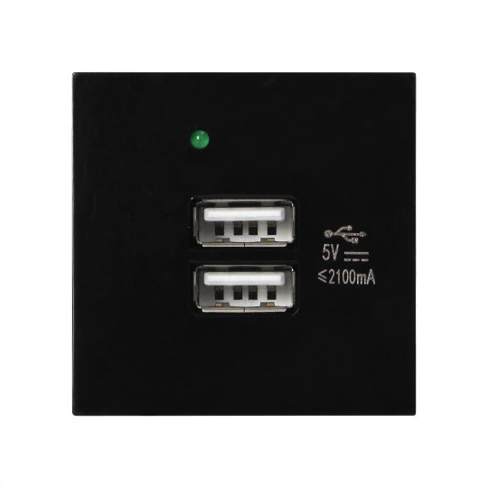 NOEN USB x 2, podwójny port modułowy 45x45mm z ładowarką USB, 2,1A 5V DC, czarny,OR-GM-9010/B/USBX2