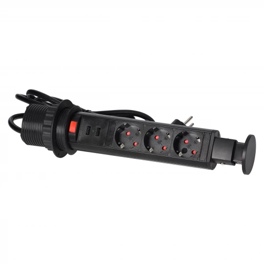 Gniazdo meblowe Ø6cm wysuwane z blatu z ładowarką USB, blokadą i przewodem 1,8m, 3x2P+Z, czarne