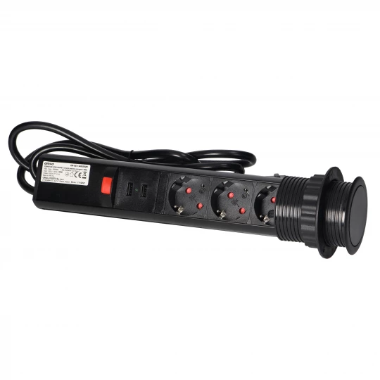 Gniazdo meblowe Ø6cm wysuwane z blatu z ładowarką USB, blokadą i przewodem 1,8m, 3x2P+Z, czarne
