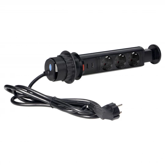 Gniazdo meblowe Ø6cm wysuwane z blatu z ładowarką USB, blokadą i przewodem 1,8m, 3x2P+Z, czarne