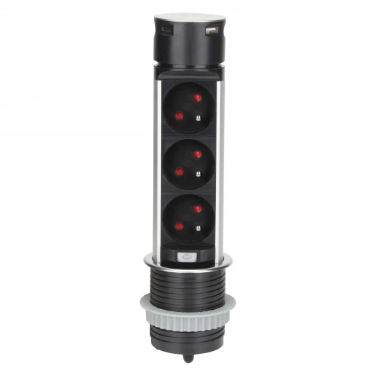 Wpuszczane gniazdo meblowe Ø6cm z ładowarką USB i przewodem 1,5m, 3x2P+Z, 2xUSB (typ A i typ C), INOX