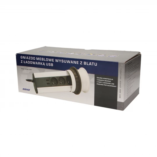 Gniazdo meblowe fi10cm, 3x250V AC wysuwane z blatu z ładowarką USB i przewodem 1,8m srebrny OR-AE-1353