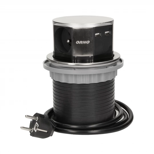 Gniazdo meblowe, wysuwane z blatu 3x250V AC z ładowarką USB i przewodem 1,5m, INOX OR-AE-1381