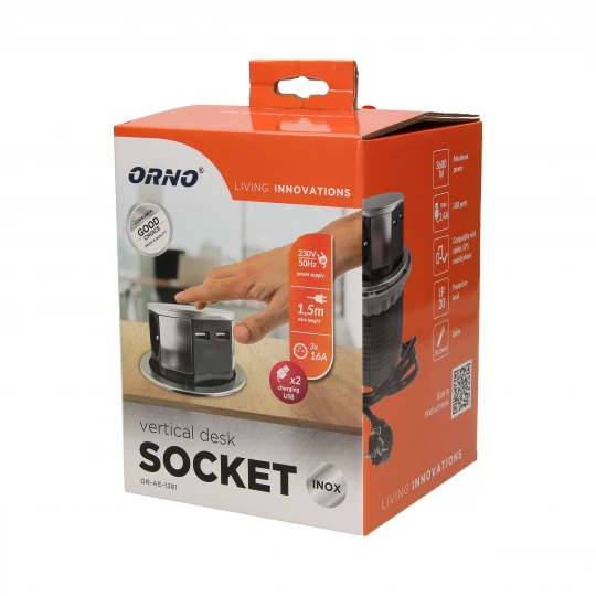 Gniazdo meblowe, wysuwane z blatu 3x250V AC z ładowarką USB i przewodem 1,5m, INOX OR-AE-1381