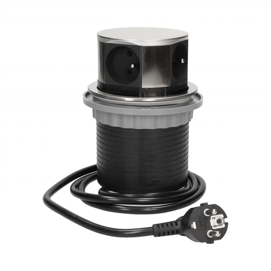 Gniazdo meblowe, wysuwane z blatu 3x250V AC z ładowarką USB i przewodem 1,5m, INOX OR-AE-1381