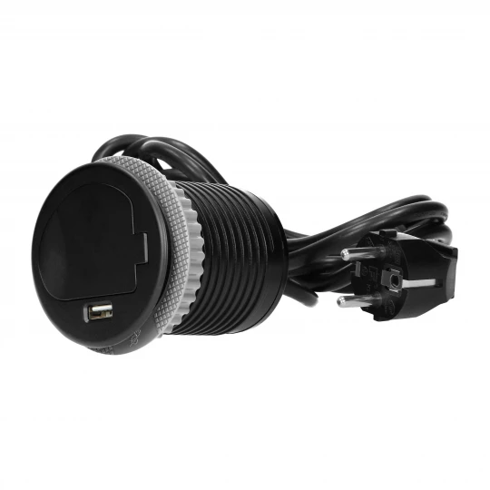 Gniazdo meblowe Ø6cm wpuszczane w blat z pokrywką, ładowarką USB i przewodem 1,8m, 1x2P+Z, 1xUSB, czarne,OR-AE-1373/B