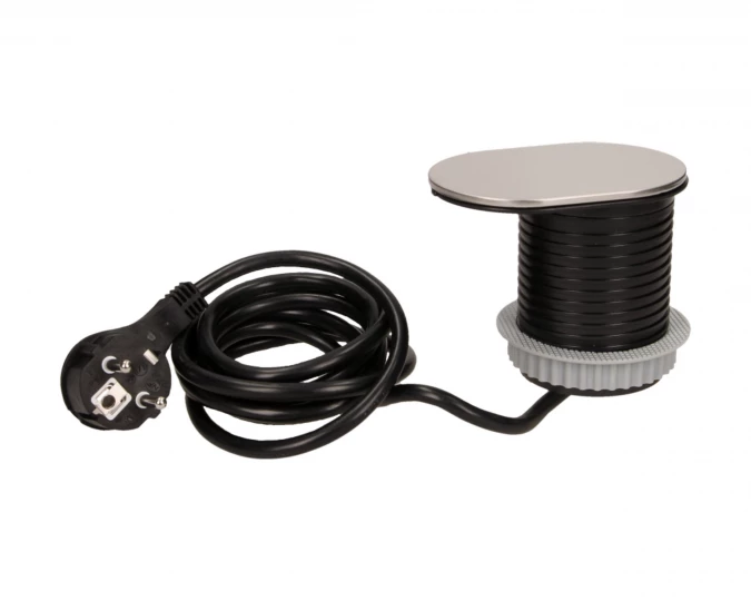Gniazdo meblowe Ø6cm, wpuszczane w blat z przesuwną pokrywką, ładowarką USB i przewodem 1,9m, 1x2P+Z, 1xUSB (2,4A), 3x1mm²