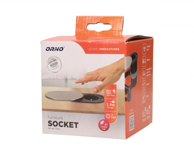 Gniazdo meblowe Ø6cm, wpuszczane w blat z przesuwną pokrywką, ładowarką USB i przewodem 1,9m, 1x2P+Z, 1xUSB (2,4A), 3x1mm²
