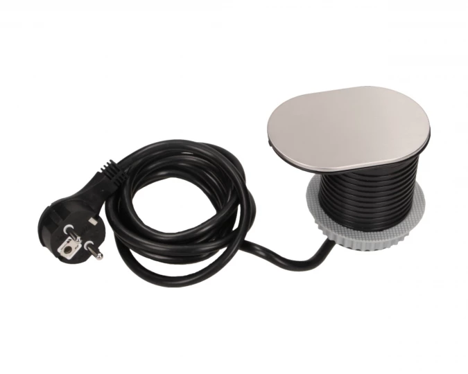 Gniazdo meblowe Ø6cm, wpuszczane w blat z przesuwną pokrywką, ładowarką USB i przewodem 1,9m, 1x2P+Z, 1xUSB (2,4A), 3x1mm²