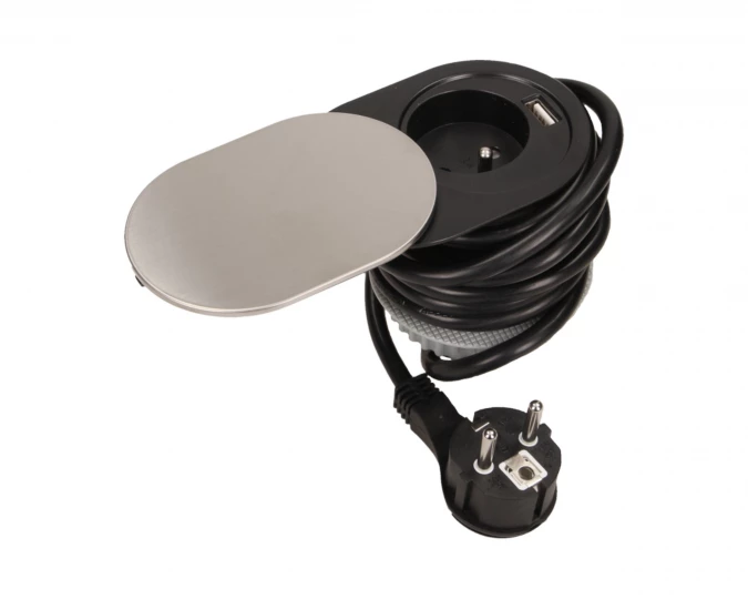 Gniazdo meblowe Ø6cm, wpuszczane w blat z przesuwną pokrywką, ładowarką USB i przewodem 1,9m, 1x2P+Z, 1xUSB (2,4A), 3x1mm²