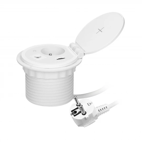 Gniazdo meblowe Ø8cm wpuszczane w blat z ładowarką indukcyjną, ładowarką USB z 2 gniazdami A i C, przelotką kablową,OR-GM-9015/W