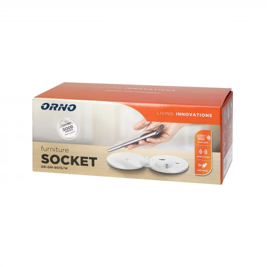 Gniazdo meblowe Ø8cm wpuszczane w blat z ładowarką indukcyjną, ładowarką USB z 2 gniazdami A i C, przelotką kablową,OR-GM-9015/W