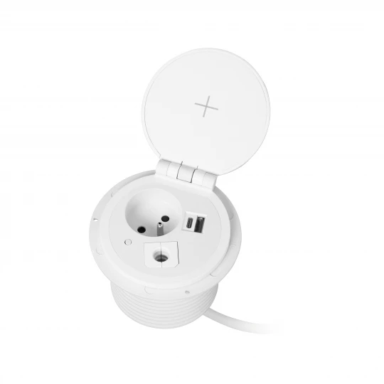 Gniazdo meblowe Ø8cm wpuszczane w blat z ładowarką indukcyjną, ładowarką USB z 2 gniazdami A i C, przelotką kablową,OR-GM-9015/W