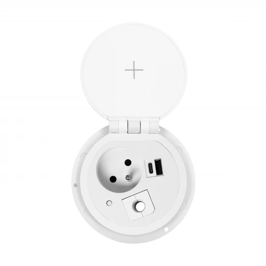 Gniazdo meblowe Ø8cm wpuszczane w blat z ładowarką indukcyjną, ładowarką USB z 2 gniazdami A i C, przelotką kablową,OR-GM-9015/W