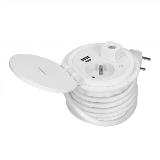 Gniazdo meblowe Ø8cm wpuszczane w blat z ładowarką indukcyjną, ładowarką USB z 2 gniazdami A i C, przelotką kablową,OR-GM-9015/W