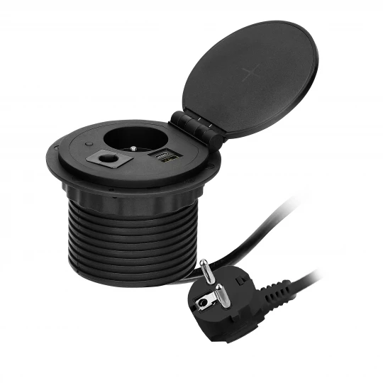 Gniazdo meblowe Ø8cm wpuszczane w blat z ładowarką indukcyjną, ładowarką USB z 2 gniazdami A i C, przelotką kablową,OR-GM-9015/B
