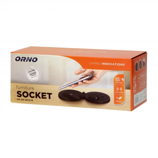 Gniazdo meblowe Ø8cm wpuszczane w blat z ładowarką indukcyjną, ładowarką USB z 2 gniazdami A i C, przelotką kablową,OR-GM-9015/B