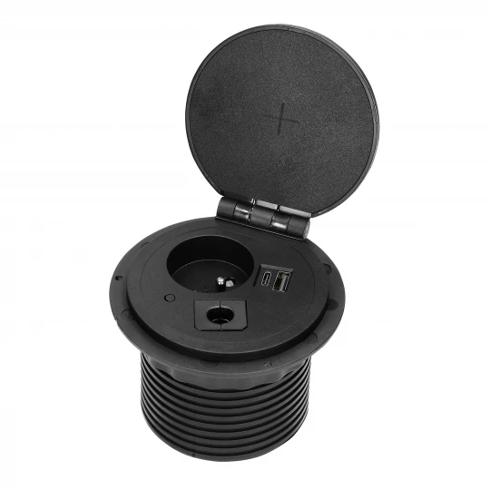 Gniazdo meblowe Ø8cm wpuszczane w blat z ładowarką indukcyjną, ładowarką USB z 2 gniazdami A i C, przelotką kablową,OR-GM-9015/B