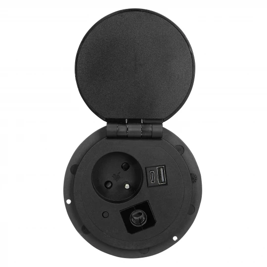 Gniazdo meblowe Ø8cm wpuszczane w blat z ładowarką indukcyjną, ładowarką USB z 2 gniazdami A i C, przelotką kablową,OR-GM-9015/B
