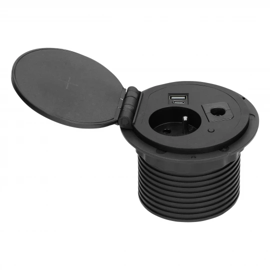 Gniazdo meblowe Ø8cm wpuszczane w blat z ładowarką indukcyjną, ładowarką USB z 2 gniazdami A i C, przelotką kablową,OR-GM-9015/B