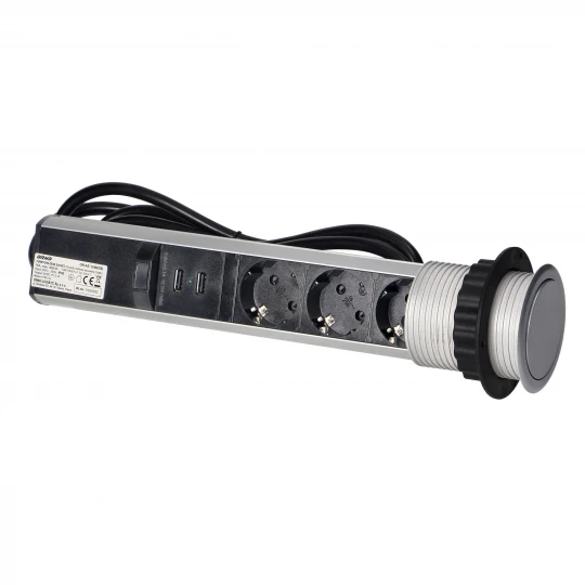 Gniazdo meblowe Ø6cm wysuwane z blatu z ładowarką USB, blokadą i przewodem 1,8m, 3x2P+Z (Schuko), srebrne