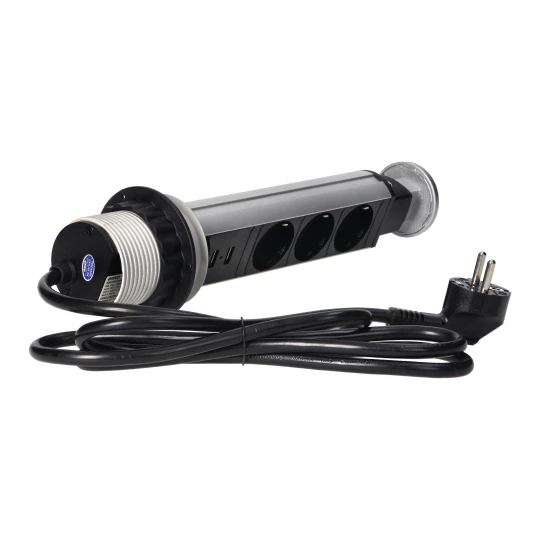 Gniazdo meblowe Ø6cm wysuwane z blatu z ładowarką USB, blokadą i przewodem 1,8m, 3x2P+Z (Schuko), srebrne