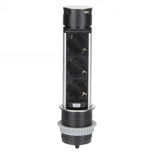 Wpuszczane gniazdo meblowe Ø6cm z ładowarką USB i przewodem 1,5m, 3x2P+Z (Schuko), 2xUSB (typ A i typ C), INOX