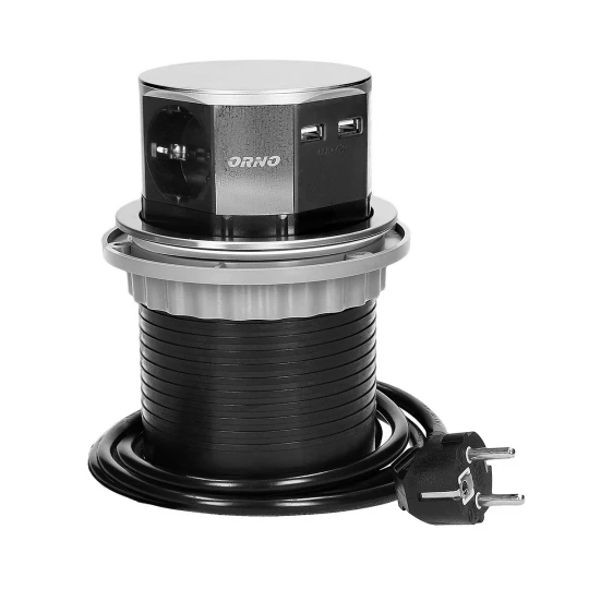 Gniazdo meblowe Ø10cm wysuwane z blatu z ładowarką USB i przewodem 1,5m, 3x2P+Z (Schuko), 2xUSB, INOX,OR-AE-1381(GS)