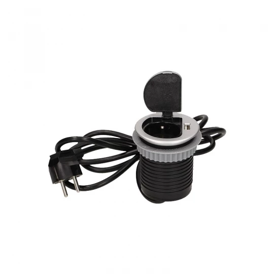 Gniazdo meblowe Ø6cm wpuszczane w blat z pokrywką, ładowarką USB i przewodem 1,8m, 1x2P+Z (Schuko), 1xUSB,OR-AE-1373(GS)