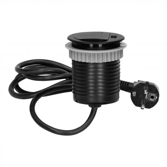 Gniazdo meblowe Ø6cm wpuszczane w blat z pokrywką, ładowarką USB i przewodem 1,8m, 1x2P+Z (Schuko), 1xUSB, czar,OR-AE-1373(GS)/B