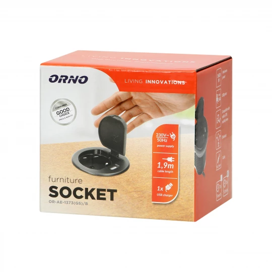 Gniazdo meblowe Ø6cm wpuszczane w blat z pokrywką, ładowarką USB i przewodem 1,8m, 1x2P+Z (Schuko), 1xUSB, czar,OR-AE-1373(GS)/B