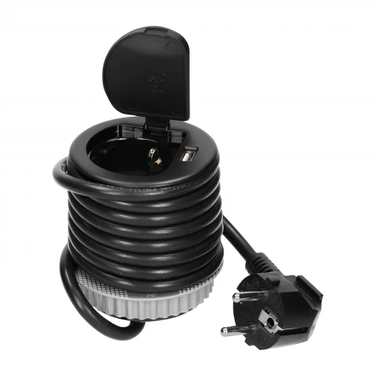 Gniazdo meblowe Ø6cm wpuszczane w blat z pokrywką, ładowarką USB i przewodem 1,8m, 1x2P+Z (Schuko), 1xUSB, czar,OR-AE-1373(GS)/B
