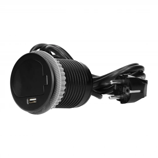 Gniazdo meblowe Ø6cm wpuszczane w blat z pokrywką, ładowarką USB i przewodem 1,8m, 1x2P+Z (Schuko), 1xUSB, czar,OR-AE-1373(GS)/B