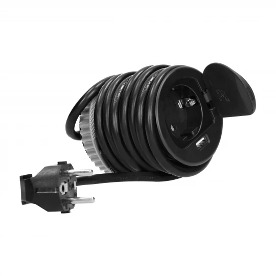 Gniazdo meblowe Ø6cm wpuszczane w blat z pokrywką, ładowarką USB i przewodem 1,8m, 1x2P+Z (Schuko), 1xUSB, czar,OR-AE-1373(GS)/B