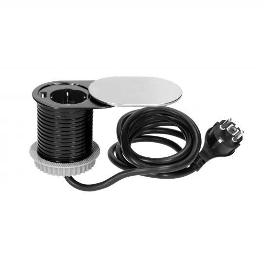 Gniazdo meblowe Ø6cm, wpuszczane w blat z przesuwną pokrywką, ładowarką USB i przewodem 1,9m, 1x2P+Z, 1xUSB (2,4,OR-AE-13124(GS)