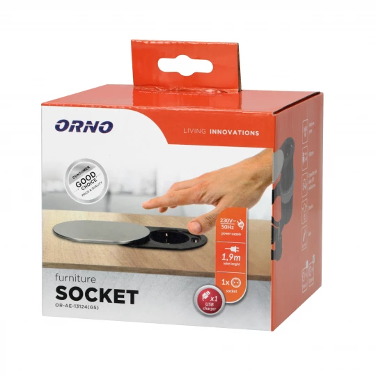 Gniazdo meblowe Ø6cm, wpuszczane w blat z przesuwną pokrywką, ładowarką USB i przewodem 1,9m, 1x2P+Z, 1xUSB (2,4,OR-AE-13124(GS)