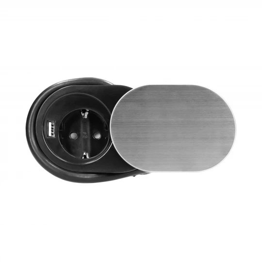 Gniazdo meblowe Ø6cm, wpuszczane w blat z przesuwną pokrywką, ładowarką USB i przewodem 1,9m, 1x2P+Z, 1xUSB (2,4,OR-AE-13124(GS)