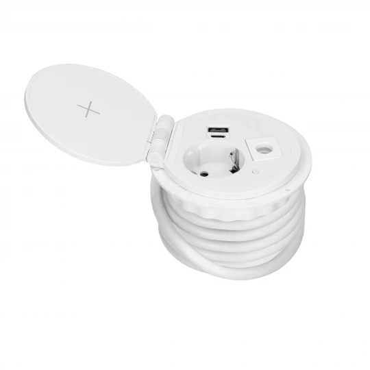Gniazdo meblowe Ø8cm wpuszczane w blat z ładowarką indukcyjną, ładowarką USB z 2 gniazdami A i C, przelotką kab,OR-GM-9015(GS)/W