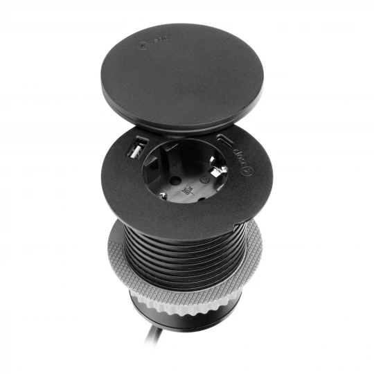 Gniazdo meblowe Ø6cm z rotacyjną pokrywą, ładowarką indukcyjną, ładowarką USB i przewodem 1,5m, 1x2P+Z (Schuko), Qi 1.2.4 max. 10W, 2xUSB (typ A i typ