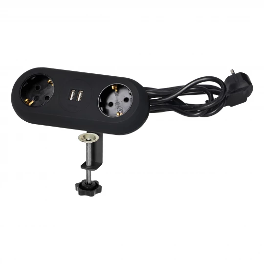 Gniazdo meblowe z uchwytem montażowym, ładowarką USB, 2 gniazda 2P+Z (schuko), 2xUSB, OR-AE-13133(GS)/B